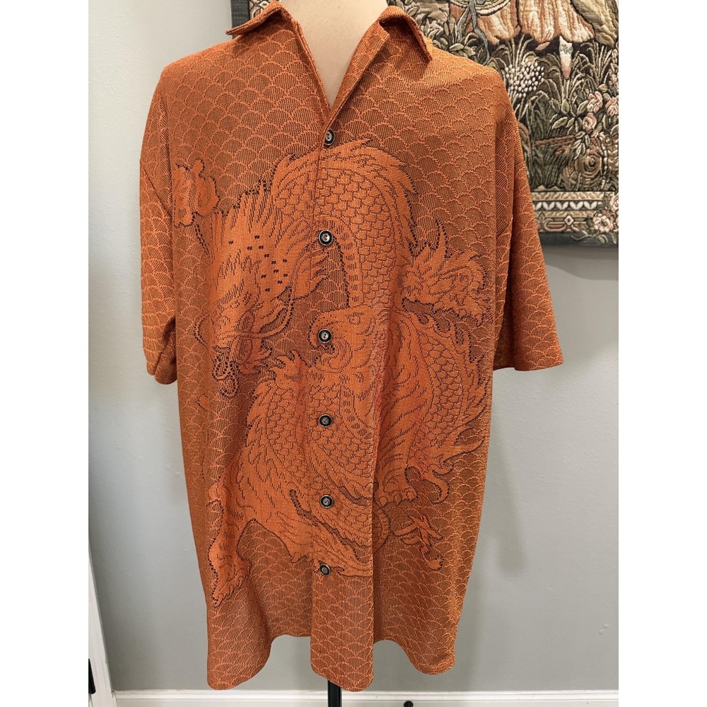 Hust Shirt Mens Large Orange Dragon Graphic‎ Button Front Short Sleeve Asian